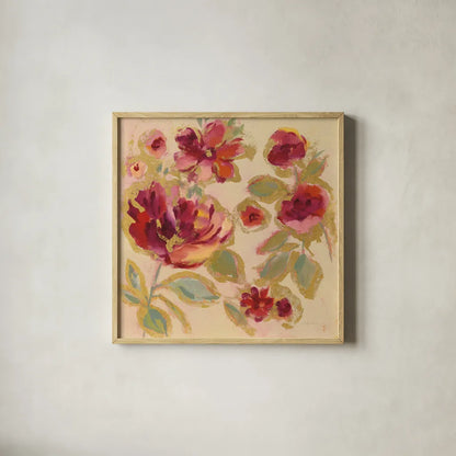Gilded Loose Floral I by Silvia Vassileva. Shown in a natural wood glass frame for a timeless modern aesthetic. Available as an archival giclee rolled canvas, fine art paper, or poster print. SKU 66088a.