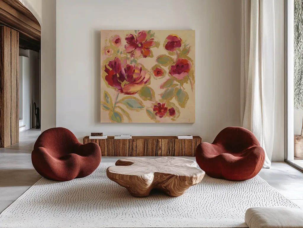 Gilded Loose Floral I by Silvia Vassileva. Shown as extra-large giant wall art in a modern living room. Available as an archival giclee rolled canvas, fine art paper, or poster print. SKU 66088a.