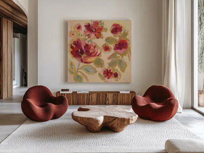 Gilded Loose Floral I by Silvia Vassileva. Shown as extra-large giant wall art in a modern living room. Available as an archival giclee rolled canvas, fine art paper, or poster print. SKU 66088a.