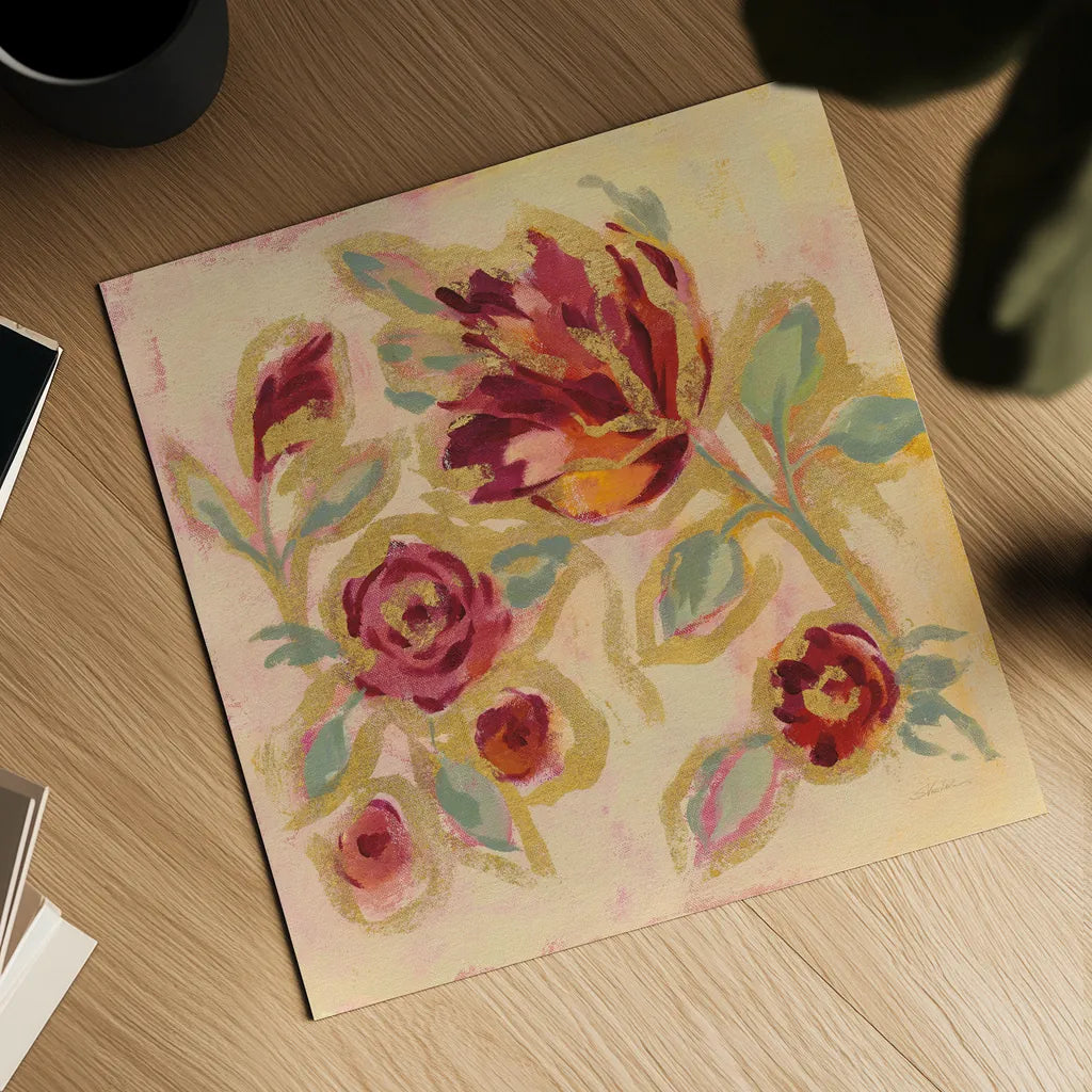 Gilded Loose Floral II by Silvia Vassileva. Shown as a detailed flat fine art print, highlighting archival giclee quality. Available as an archival giclee rolled canvas, fine art paper, or poster print. SKU 66089a.