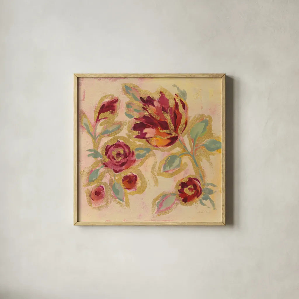 Gilded Loose Floral II by Silvia Vassileva. Shown in a natural wood glass frame for a timeless modern aesthetic. Available as an archival giclee rolled canvas, fine art paper, or poster print. SKU 66089a.