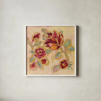 Gilded Loose Floral II by Silvia Vassileva. Shown in a crisp white glass frame for a clean and minimalist style. Available as an archival giclee rolled canvas, fine art paper, or poster print. SKU 66089a.