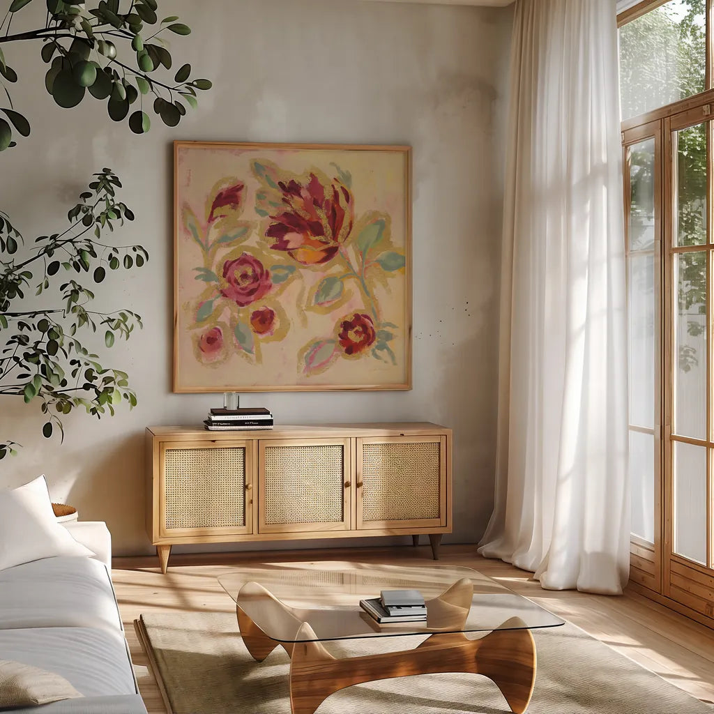 Gilded Loose Floral II by Silvia Vassileva. Shown in a natural wood frame in a cozy modern living room. Available as an archival giclee rolled canvas, fine art paper, or poster print. SKU 66089a.