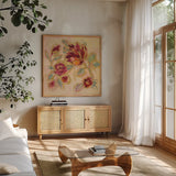 Gilded Loose Floral II by Silvia Vassileva. Shown in a natural wood frame in a cozy modern living room. Available as an archival giclee rolled canvas, fine art paper, or poster print. SKU 66089a.