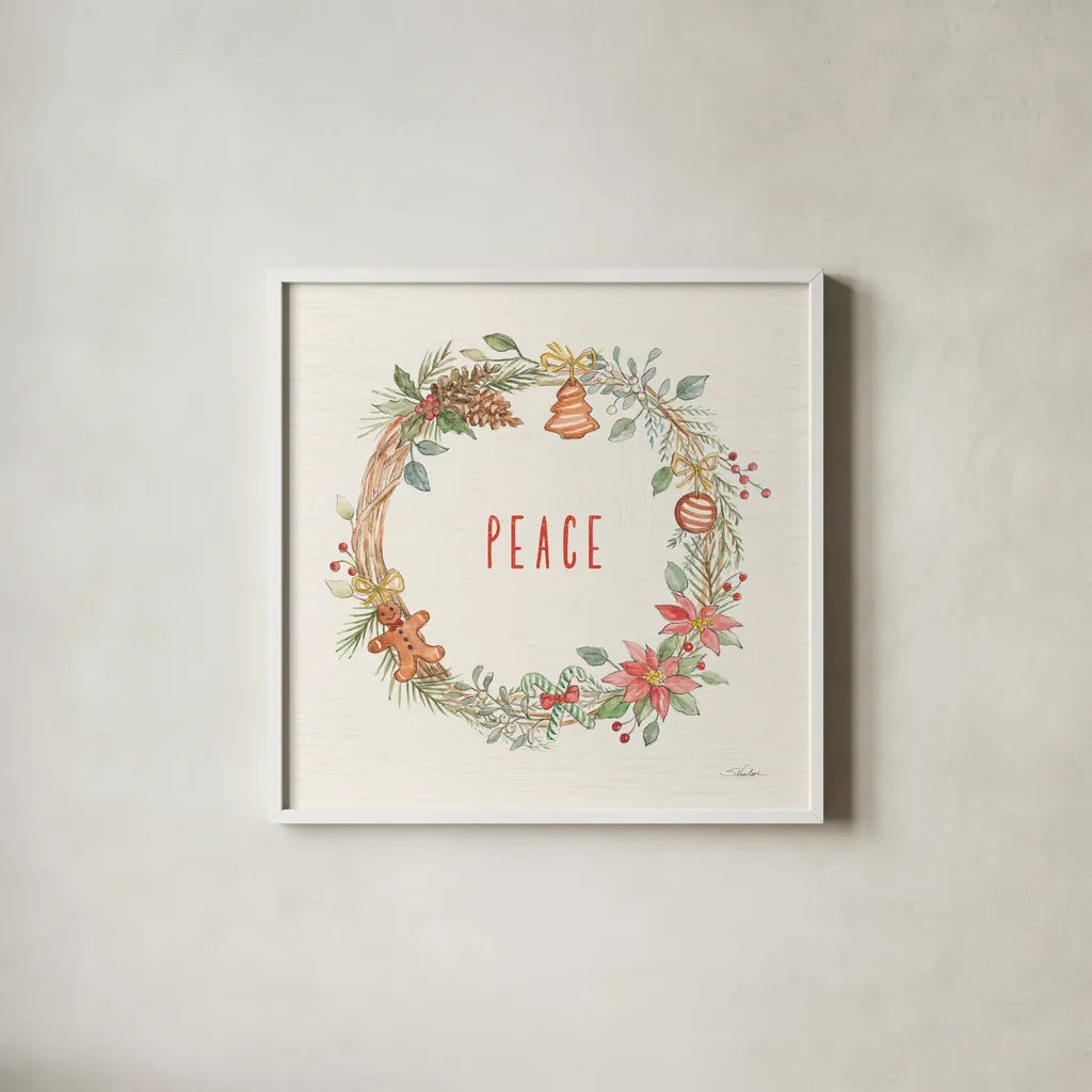 Gingerbread Christmas II by Silvia Vassileva. Shown in a crisp white glass frame for a clean and minimalist style. Available as an archival giclee rolled canvas, fine art paper, or poster print. SKU 68599a.