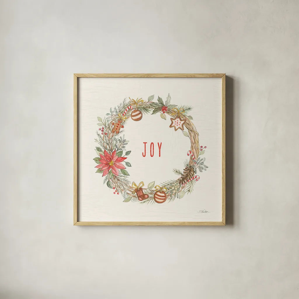 Gingerbread Christmas III by Silvia Vassileva. Shown in a natural wood glass frame for a timeless modern aesthetic. Available as an archival giclee rolled canvas, fine art paper, or poster print. SKU 68600a.