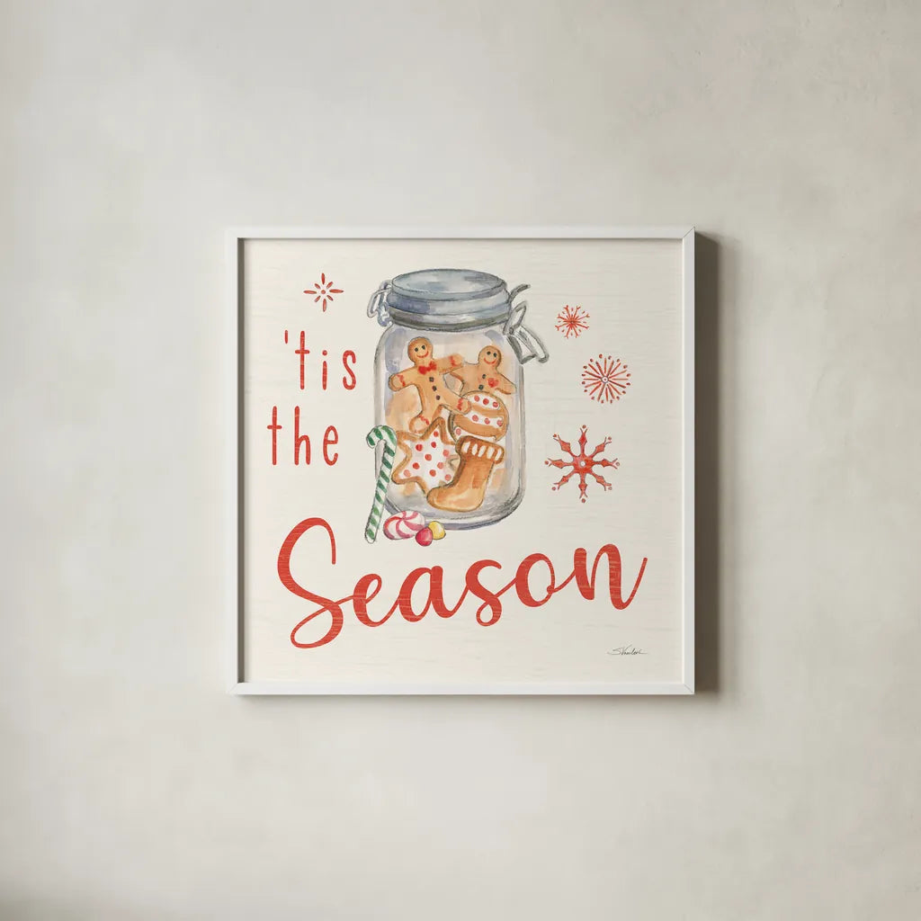 Gingerbread Christmas IV by Silvia Vassileva. Shown in a crisp white glass frame for a clean and minimalist style. Available as an archival giclee rolled canvas, fine art paper, or poster print. SKU 68601a.