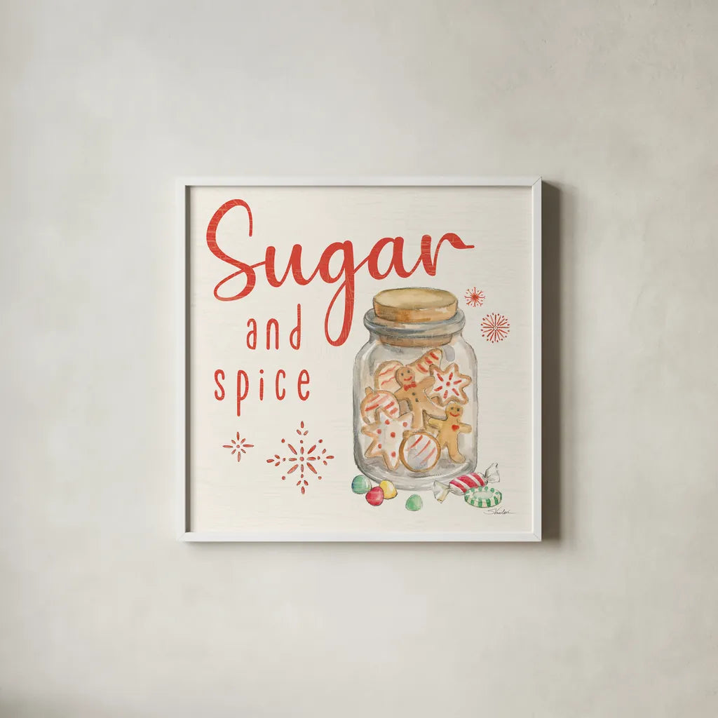 Gingerbread Christmas V by Silvia Vassileva. Shown in a crisp white glass frame for a clean and minimalist style. Available as an archival giclee rolled canvas, fine art paper, or poster print. SKU 68602a.