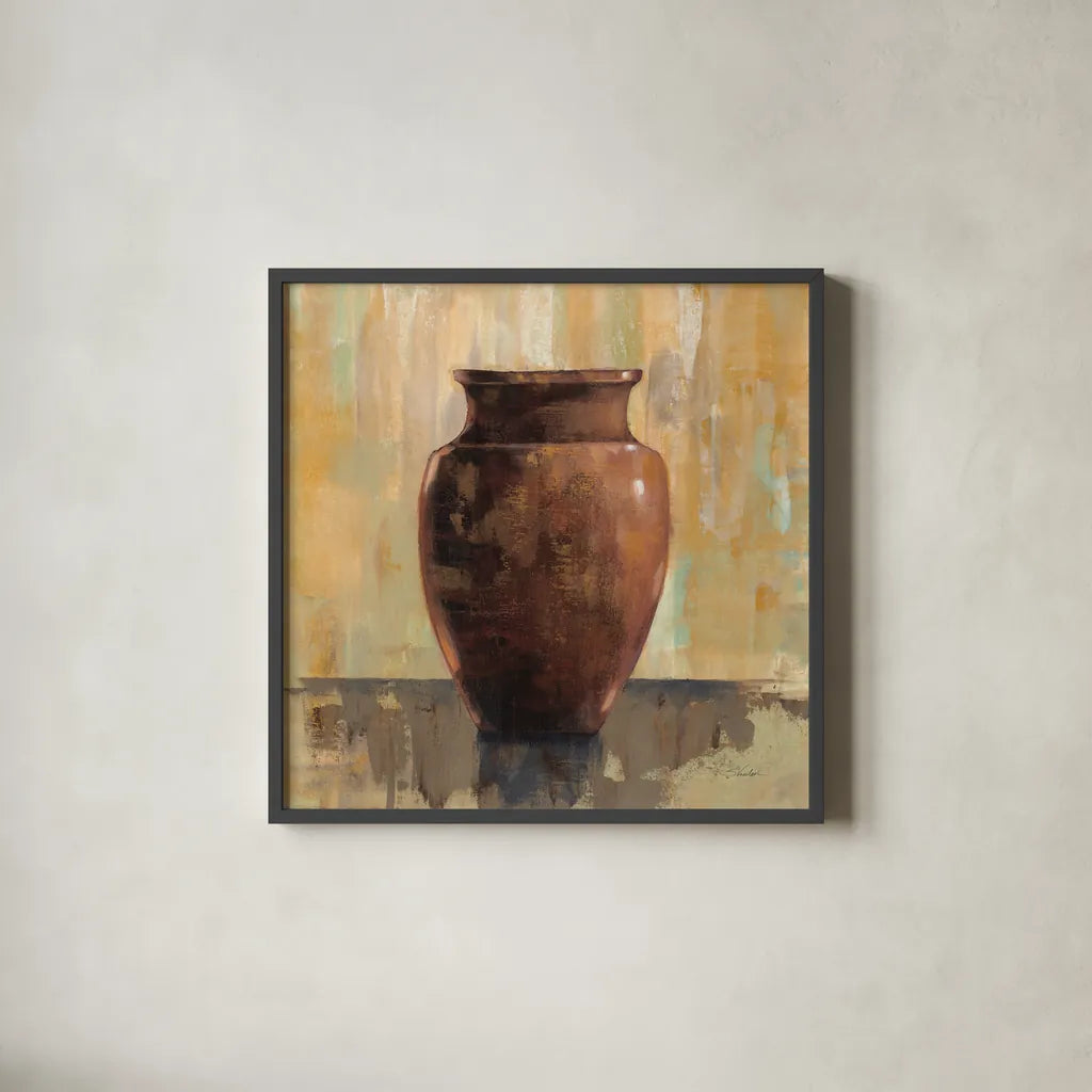 Glazed Pot II by Silvia Vassileva. Shown in a sleek black glass frame for a contemporary gallery look. Available as an archival giclee rolled canvas, fine art paper, or poster print. SKU 60485a.