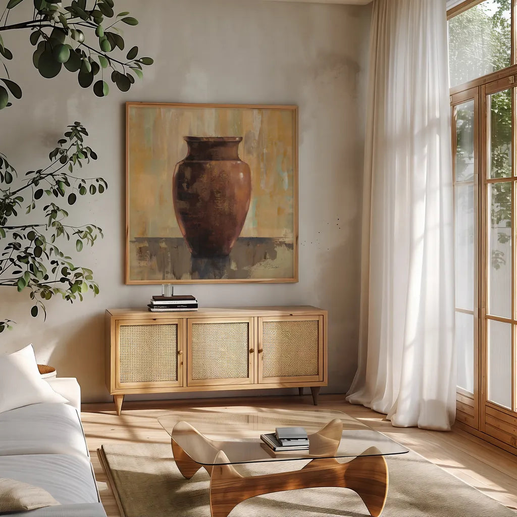 Glazed Pot II by Silvia Vassileva. Shown in a natural wood frame in a cozy modern living room. Available as an archival giclee rolled canvas, fine art paper, or poster print. SKU 60485a.