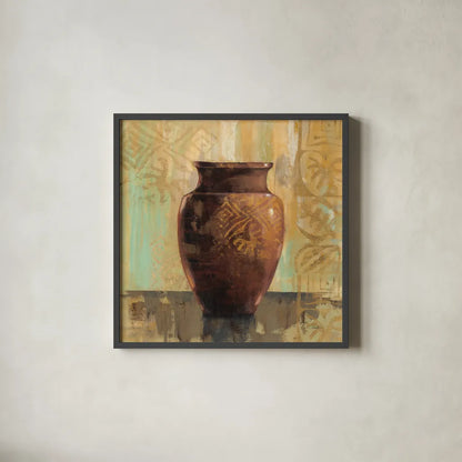 Glazed Pot II Decorative Accents by Silvia Vassileva. Shown in a sleek black glass frame for a contemporary gallery look. Available as an archival giclee rolled canvas, fine art paper, or poster print. SKU 7322a.