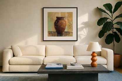 Glazed Pot II Decorative Accents by Silvia Vassileva. Displayed in a glass frame with matte in a clean modern living room. Available as an archival giclee rolled canvas, fine art paper, or poster print. SKU 7322a.