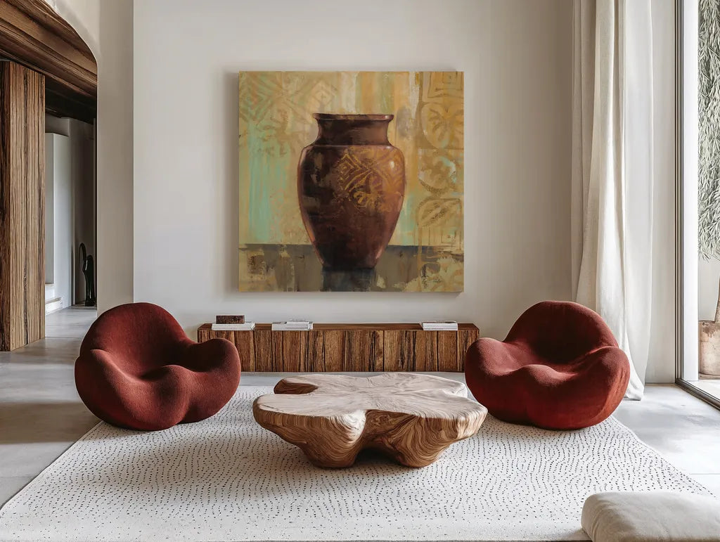 Glazed Pot II Decorative Accents by Silvia Vassileva. Shown as extra-large giant wall art in a modern living room. Available as an archival giclee rolled canvas, fine art paper, or poster print. SKU 7322a.