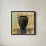 Glazed Pot III by Silvia Vassileva. Shown in a sleek black glass frame for a contemporary gallery look. Available as an archival giclee rolled canvas, fine art paper, or poster print. SKU 60486a.