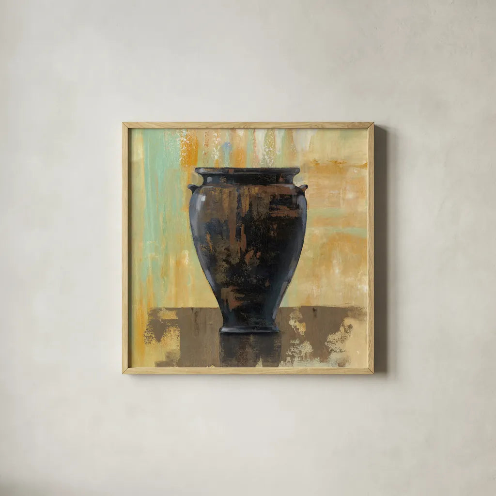 Glazed Pot III by Silvia Vassileva. Shown in a natural wood glass frame for a timeless modern aesthetic. Available as an archival giclee rolled canvas, fine art paper, or poster print. SKU 60486a.