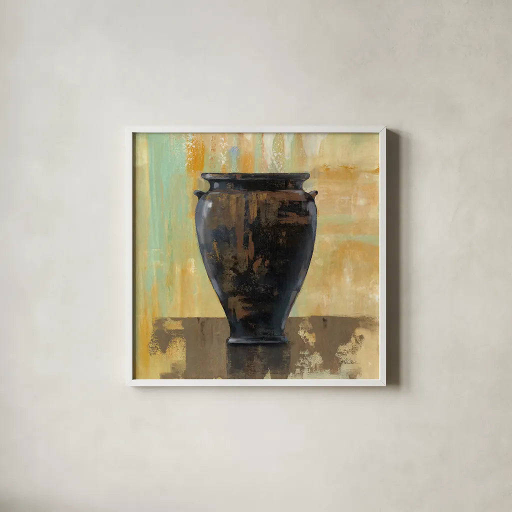 Glazed Pot III by Silvia Vassileva. Shown in a crisp white glass frame for a clean and minimalist style. Available as an archival giclee rolled canvas, fine art paper, or poster print. SKU 60486a.