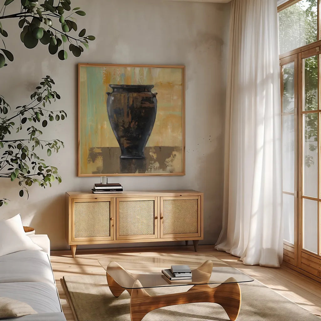 Glazed Pot III by Silvia Vassileva. Shown in a natural wood frame in a cozy modern living room. Available as an archival giclee rolled canvas, fine art paper, or poster print. SKU 60486a.