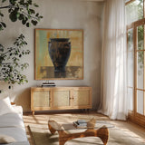 Glazed Pot III by Silvia Vassileva. Shown in a natural wood frame in a cozy modern living room. Available as an archival giclee rolled canvas, fine art paper, or poster print. SKU 60486a.