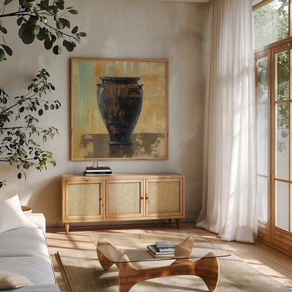 Glazed Pot III by Silvia Vassileva. Shown in a natural wood frame in a cozy modern living room. Available as an archival giclee rolled canvas, fine art paper, or poster print. SKU 60486a.