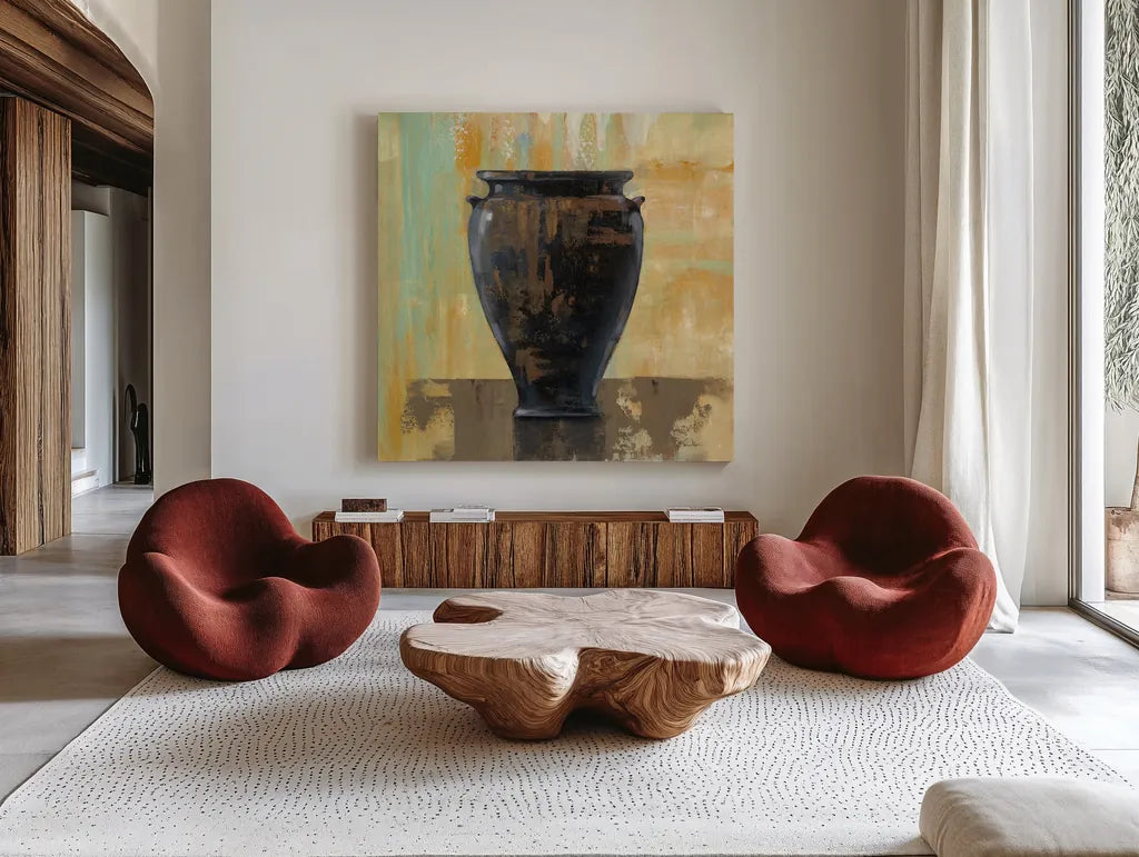 Glazed Pot III by Silvia Vassileva. Shown as extra-large giant wall art in a modern living room. Available as an archival giclee rolled canvas, fine art paper, or poster print. SKU 60486a.
