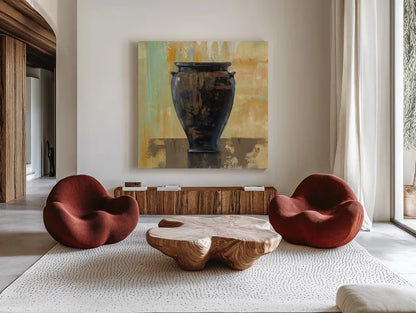 Glazed Pot III by Silvia Vassileva. Shown as extra-large giant wall art in a modern living room. Available as an archival giclee rolled canvas, fine art paper, or poster print. SKU 60486a.