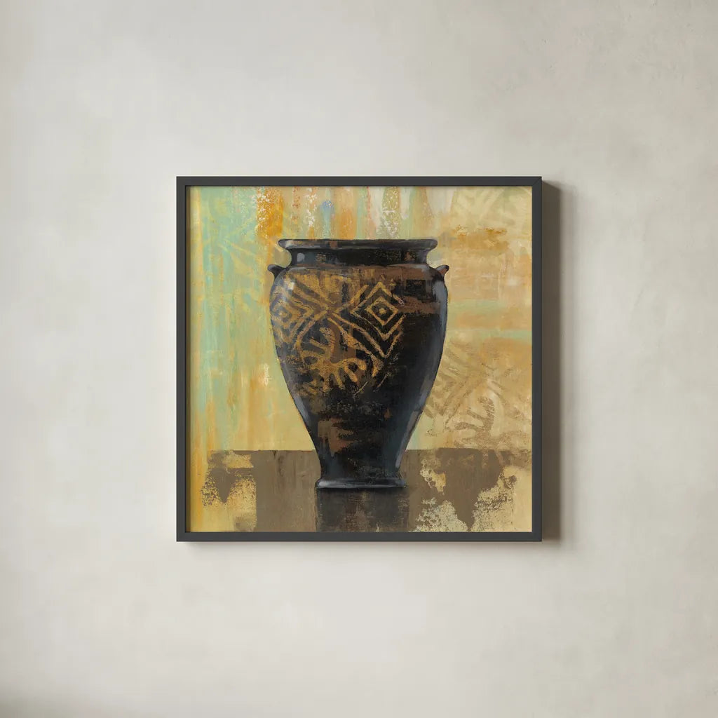 Glazed Pot III Decorative Accents by Silvia Vassileva. Shown in a sleek black glass frame for a contemporary gallery look. Available as an archival giclee rolled canvas, fine art paper, or poster print. SKU 7323a.