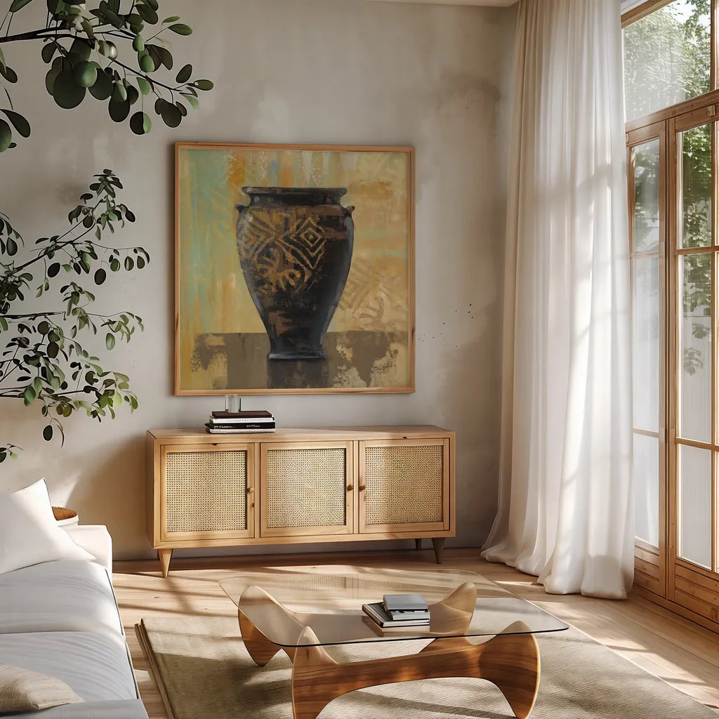 Glazed Pot III Decorative Accents by Silvia Vassileva. Shown in a natural wood frame in a cozy modern living room. Available as an archival giclee rolled canvas, fine art paper, or poster print. SKU 7323a.