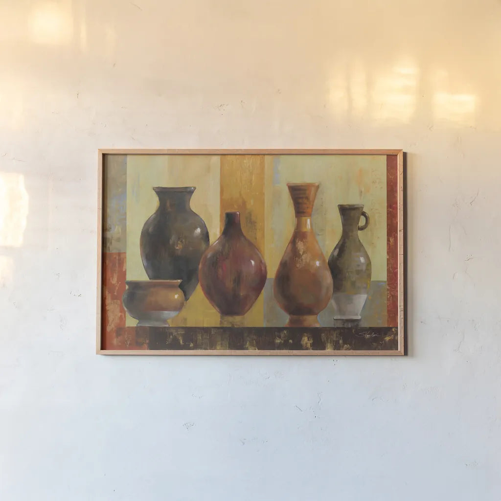 Glazed Pots by Silvia Vassileva. shown as a paper print in a natural frame. Available as a archival giclee rolled canvas, fine art paper, or poster print. SKU 89698i.