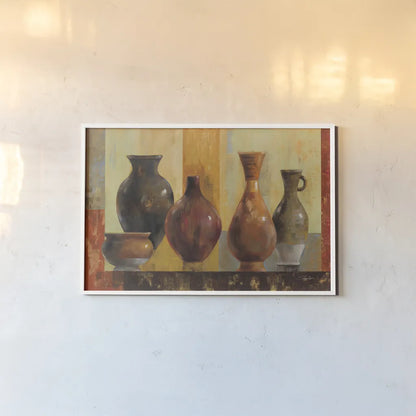 Glazed Pots by Silvia Vassileva. shown as a paper print in a white frame. Available as a archival giclee rolled canvas, fine art paper, or poster print. SKU 89698i.
