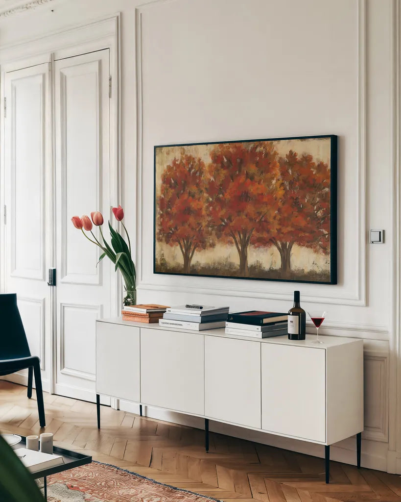 Glowing Trees Trio by Silvia Vassileva. shown as a framed stretched canvas in a living room above a console. Available as a archival giclee rolled canvas, fine art paper, or poster print. SKU 60445i.
