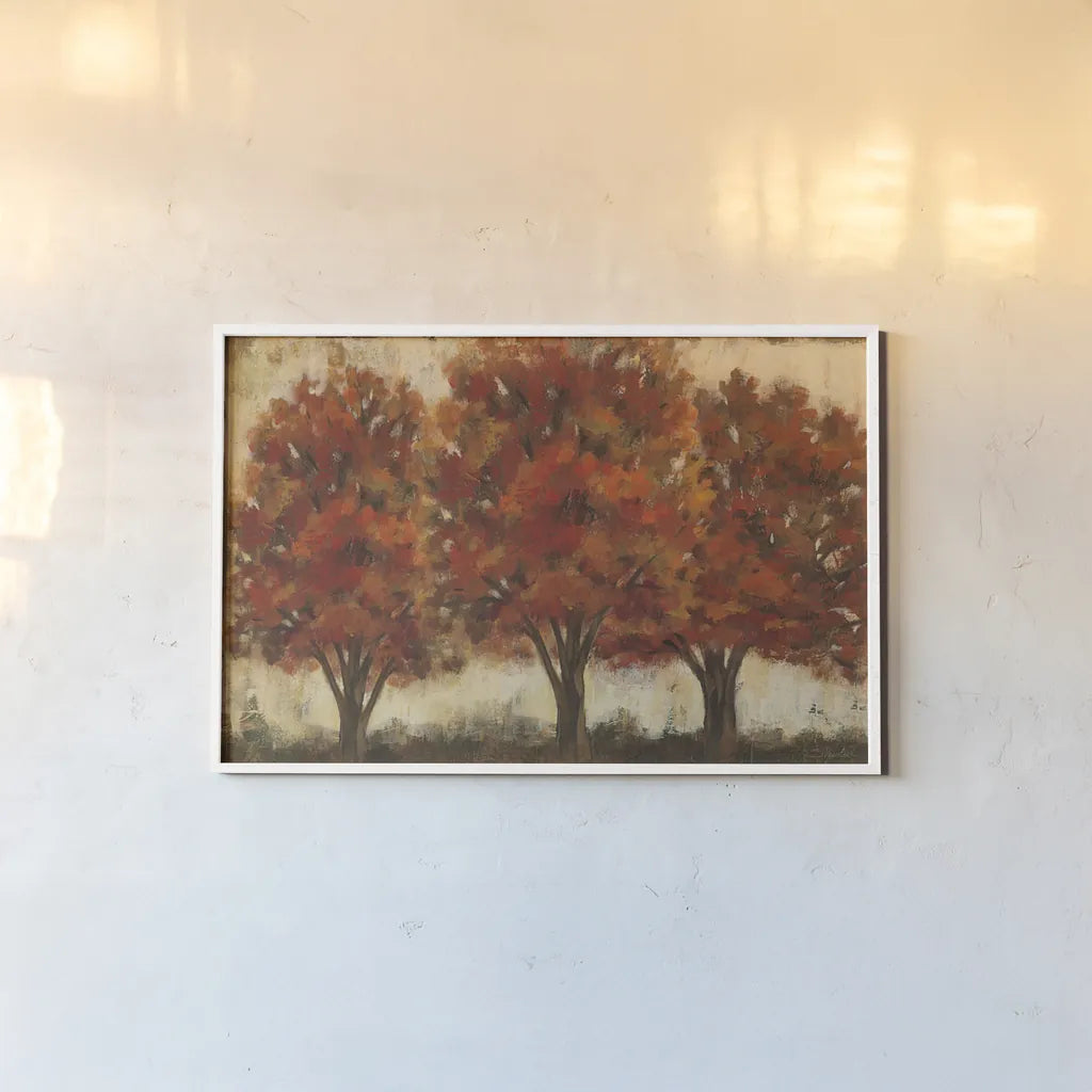 Glowing Trees Trio by Silvia Vassileva. shown as a paper print in a white frame. Available as a archival giclee rolled canvas, fine art paper, or poster print. SKU 60445i.