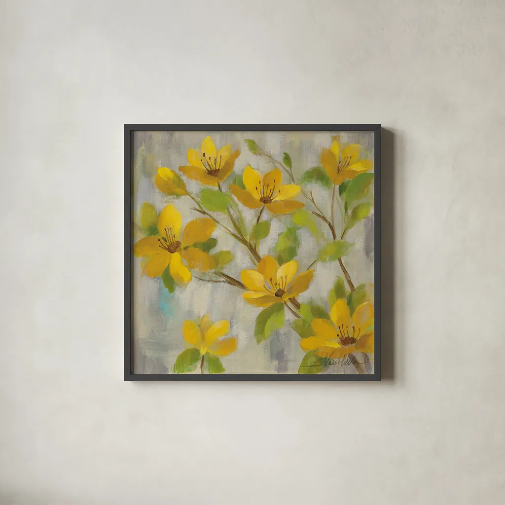 Golden Bloom I by Silvia Vassileva. Shown in a sleek black glass frame for a contemporary gallery look. Available as an archival giclee rolled canvas, fine art paper, or poster print. SKU 23823a.
