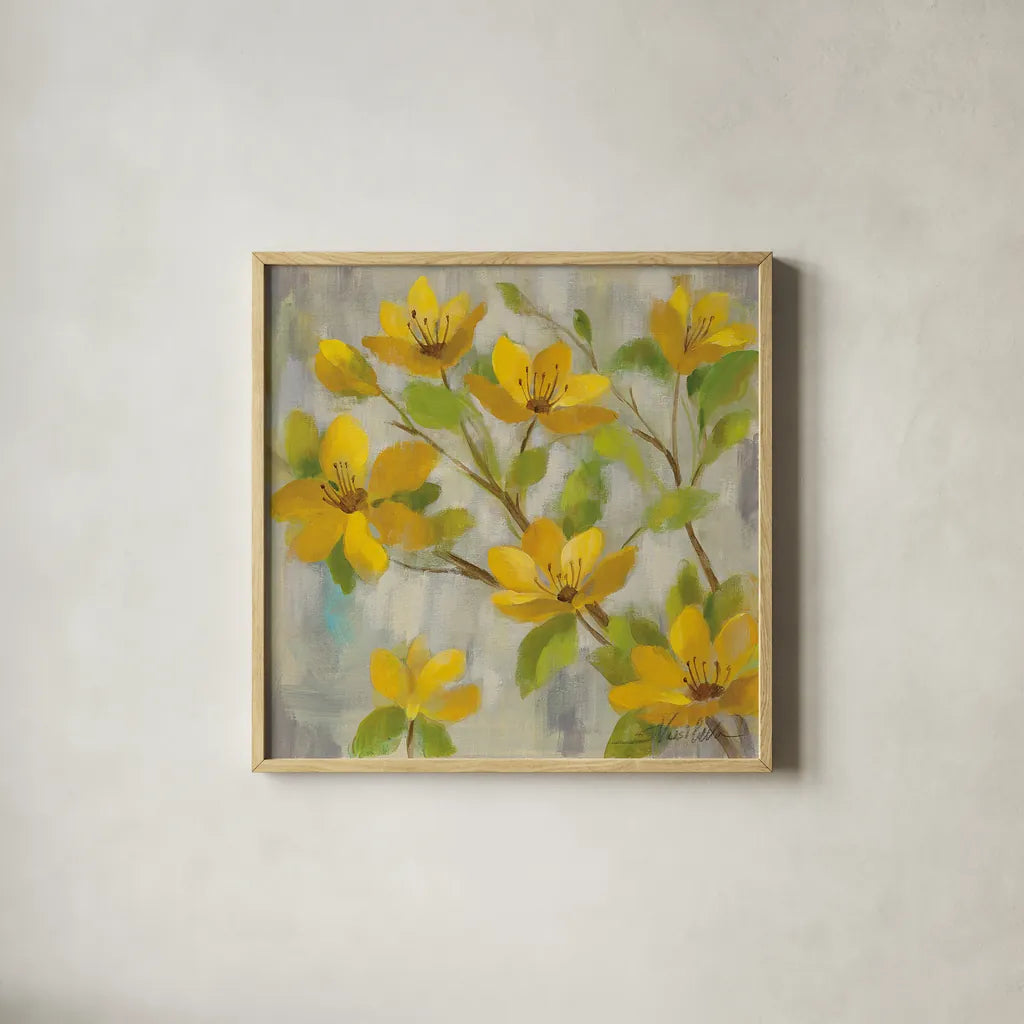 Golden Bloom I by Silvia Vassileva. Shown in a natural wood glass frame for a timeless modern aesthetic. Available as an archival giclee rolled canvas, fine art paper, or poster print. SKU 23823a.