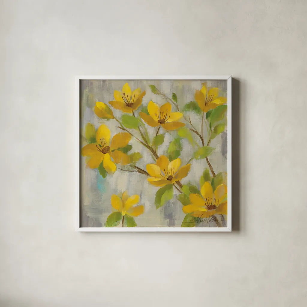Golden Bloom I by Silvia Vassileva. Shown in a crisp white glass frame for a clean and minimalist style. Available as an archival giclee rolled canvas, fine art paper, or poster print. SKU 23823a.
