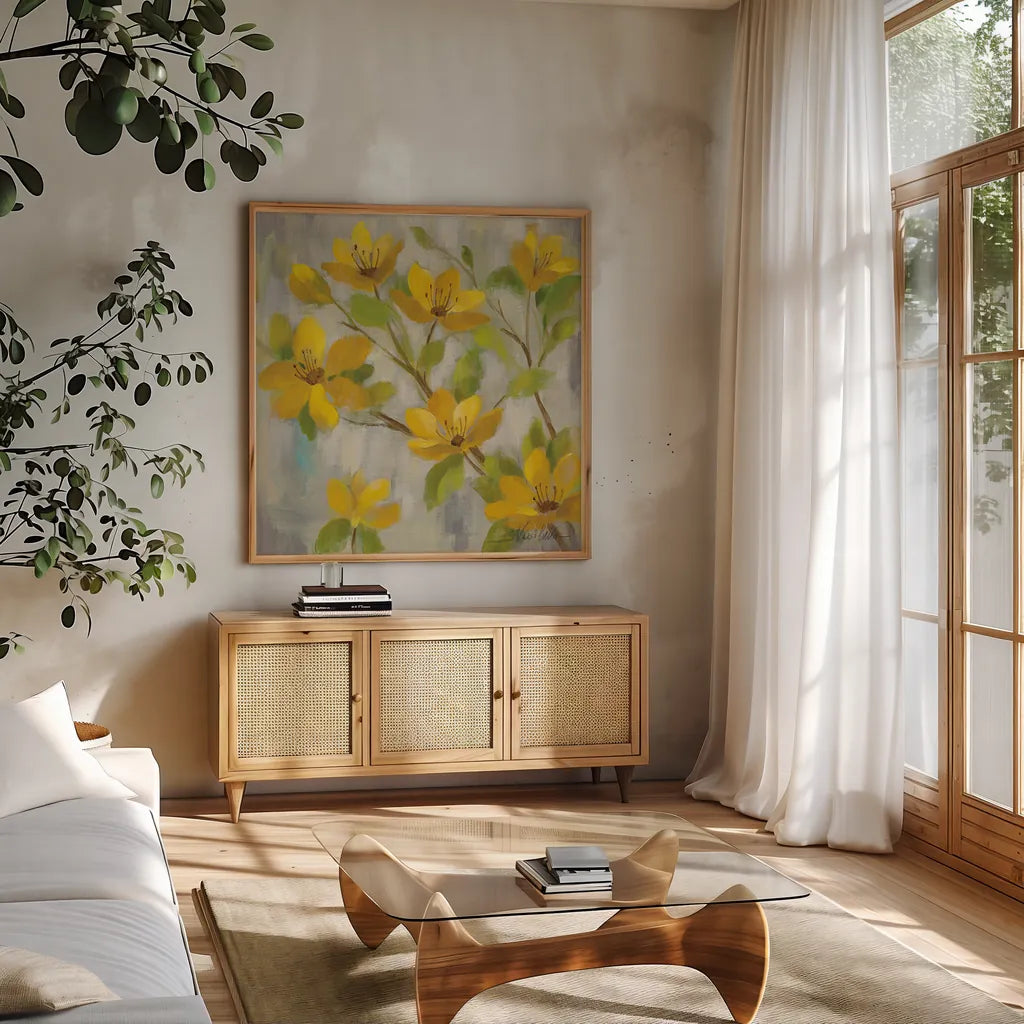 Golden Bloom I by Silvia Vassileva. Shown in a natural wood frame in a cozy modern living room. Available as an archival giclee rolled canvas, fine art paper, or poster print. SKU 23823a.