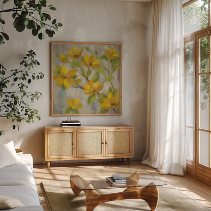 Golden Bloom I by Silvia Vassileva. Shown in a natural wood frame in a cozy modern living room. Available as an archival giclee rolled canvas, fine art paper, or poster print. SKU 23823a.
