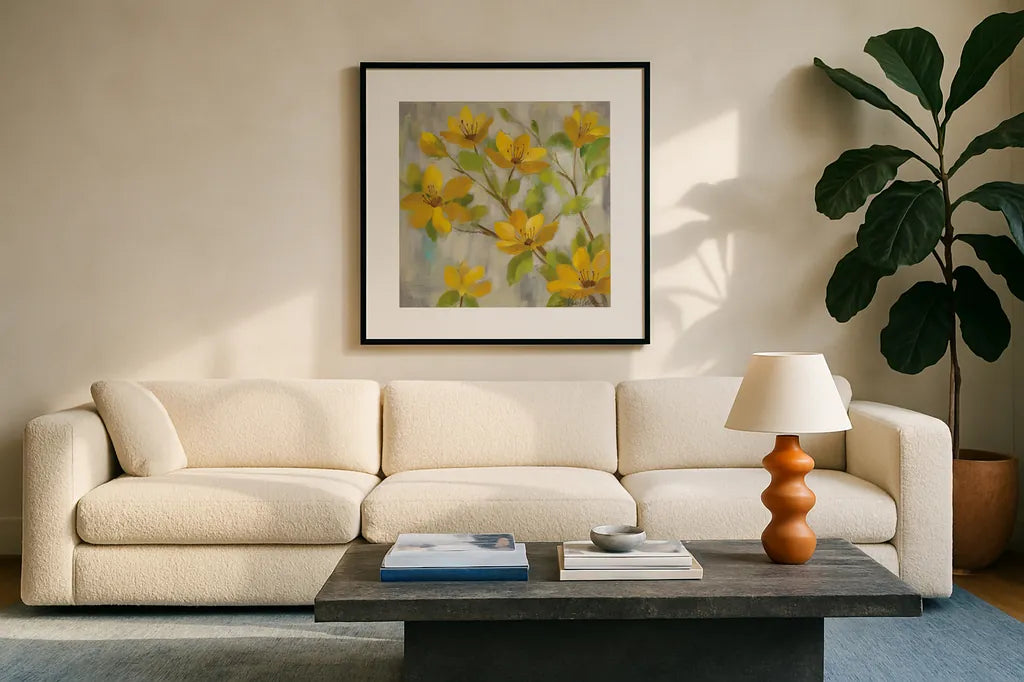 Golden Bloom I by Silvia Vassileva. Displayed in a glass frame with matte in a clean modern living room. Available as an archival giclee rolled canvas, fine art paper, or poster print. SKU 23823a.