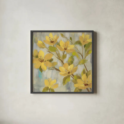 Golden Bloom I Neutral by Silvia Vassileva. Shown in a sleek black glass frame for a contemporary gallery look. Available as an archival giclee rolled canvas, fine art paper, or poster print. SKU 24012a.