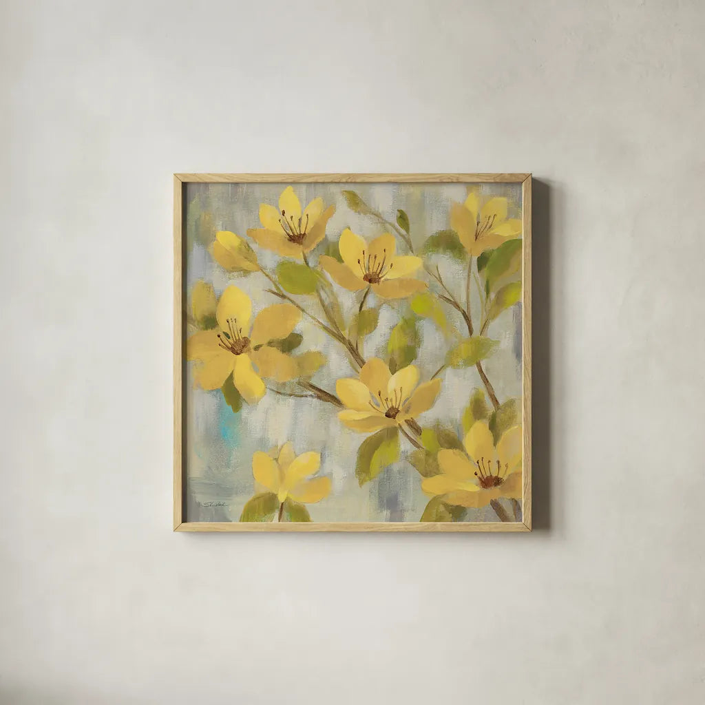 Golden Bloom I Neutral by Silvia Vassileva. Shown in a natural wood glass frame for a timeless modern aesthetic. Available as an archival giclee rolled canvas, fine art paper, or poster print. SKU 24012a.