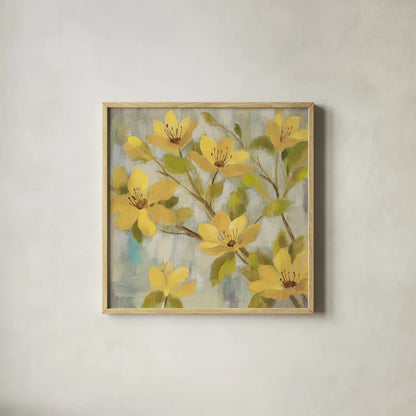 Golden Bloom I Neutral by Silvia Vassileva. Shown in a natural wood glass frame for a timeless modern aesthetic. Available as an archival giclee rolled canvas, fine art paper, or poster print. SKU 24012a.