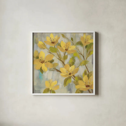 Golden Bloom I Neutral by Silvia Vassileva. Shown in a crisp white glass frame for a clean and minimalist style. Available as an archival giclee rolled canvas, fine art paper, or poster print. SKU 24012a.