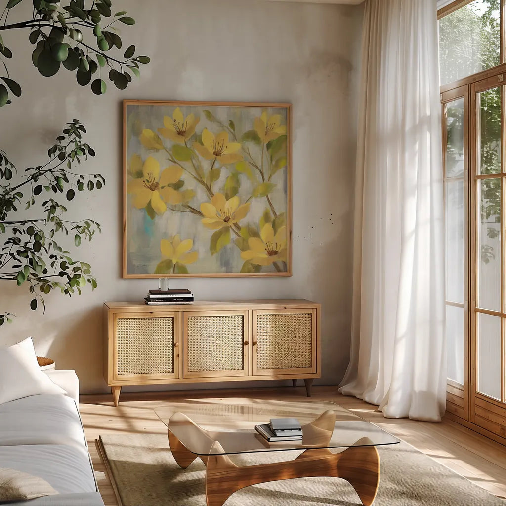 Golden Bloom I Neutral by Silvia Vassileva. Shown in a natural wood frame in a cozy modern living room. Available as an archival giclee rolled canvas, fine art paper, or poster print. SKU 24012a.