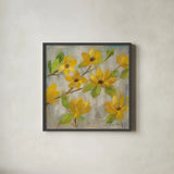 Golden Bloom II by Silvia Vassileva. Shown in a sleek black glass frame for a contemporary gallery look. Available as an archival giclee rolled canvas, fine art paper, or poster print. SKU 23824a.