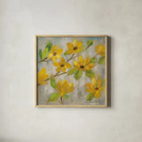 Golden Bloom II by Silvia Vassileva. Shown in a natural wood glass frame for a timeless modern aesthetic. Available as an archival giclee rolled canvas, fine art paper, or poster print. SKU 23824a.