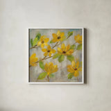 Golden Bloom II by Silvia Vassileva. Shown in a crisp white glass frame for a clean and minimalist style. Available as an archival giclee rolled canvas, fine art paper, or poster print. SKU 23824a.