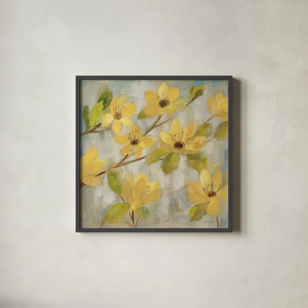 Golden Bloom II Neutral by Silvia Vassileva. Shown in a sleek black glass frame for a contemporary gallery look. Available as an archival giclee rolled canvas, fine art paper, or poster print. SKU 24013a.