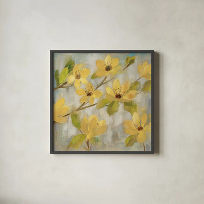 Golden Bloom II Neutral by Silvia Vassileva. Shown in a sleek black glass frame for a contemporary gallery look. Available as an archival giclee rolled canvas, fine art paper, or poster print. SKU 24013a.