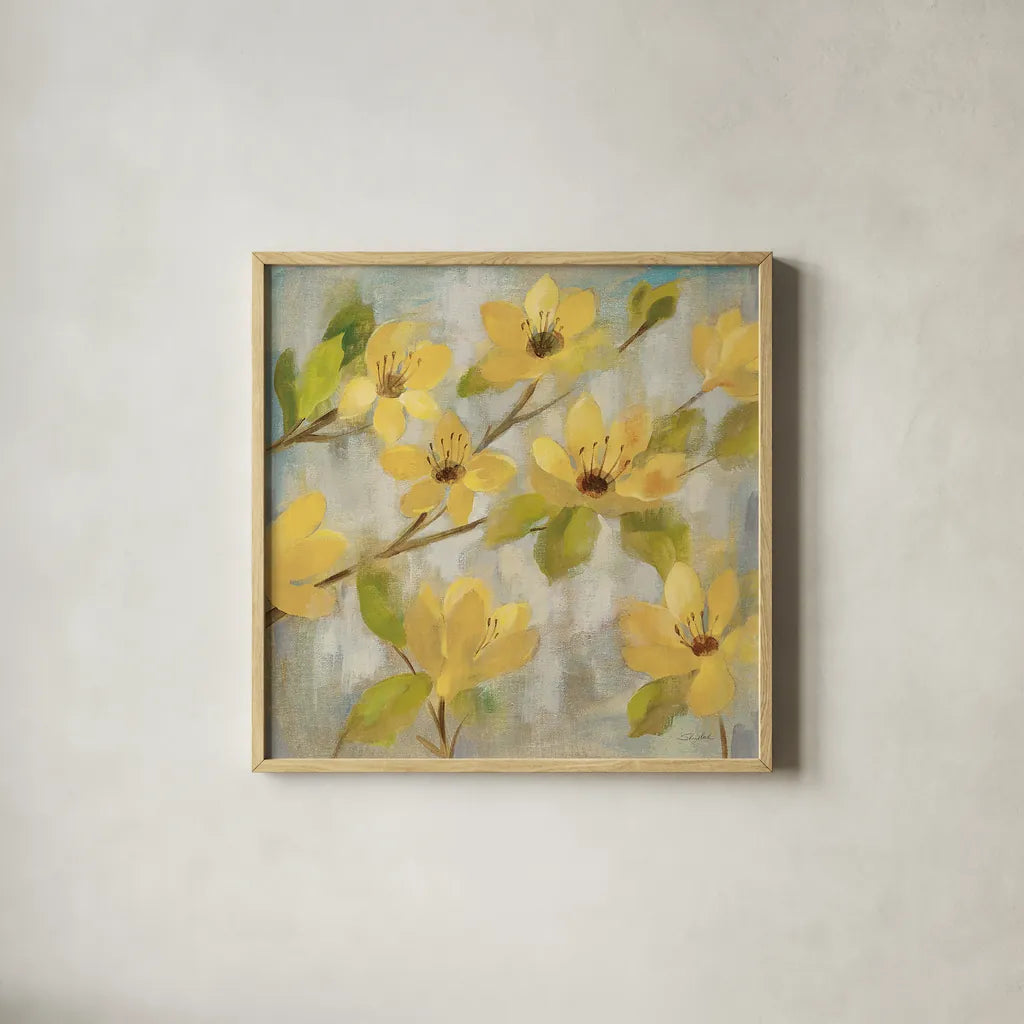 Golden Bloom II Neutral by Silvia Vassileva. Shown in a natural wood glass frame for a timeless modern aesthetic. Available as an archival giclee rolled canvas, fine art paper, or poster print. SKU 24013a.