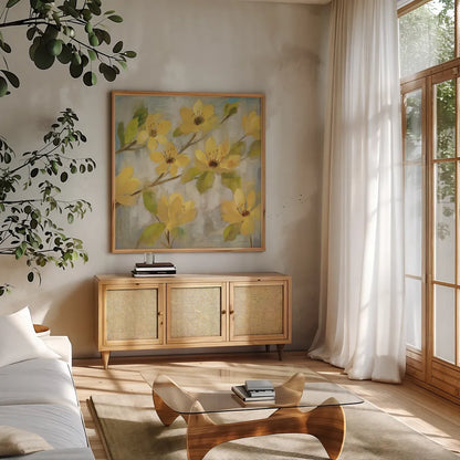 Golden Bloom II Neutral by Silvia Vassileva. Shown in a natural wood frame in a cozy modern living room. Available as an archival giclee rolled canvas, fine art paper, or poster print. SKU 24013a.