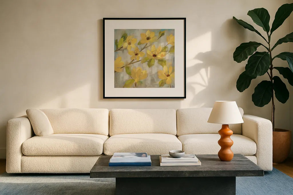 Golden Bloom II Neutral by Silvia Vassileva. Displayed in a glass frame with matte in a clean modern living room. Available as an archival giclee rolled canvas, fine art paper, or poster print. SKU 24013a.